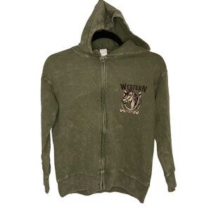 Pastel Palette Vintage-Style Olive Green Western Graphic Zip-Up Hoodie
